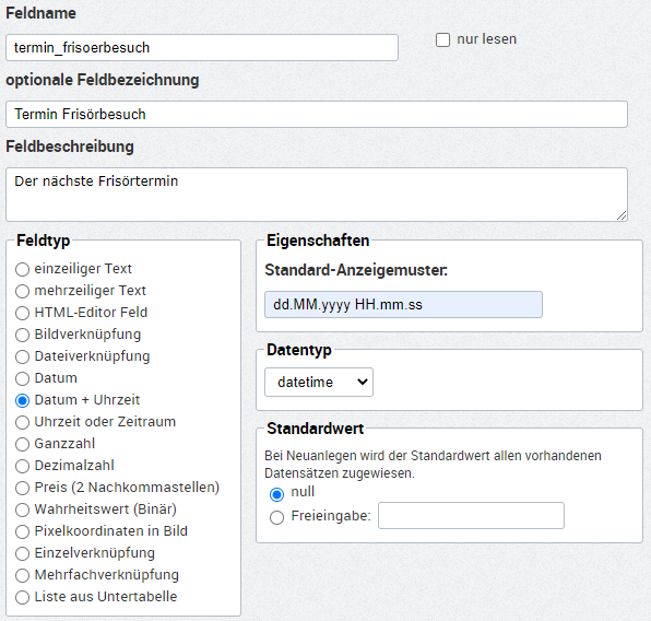 Datenbankfeld anlegen